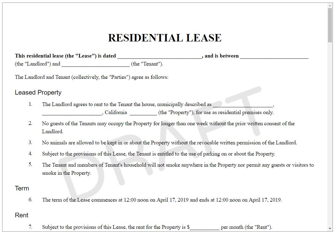 Lease Agreement Form Rental Contract Template For Leasing