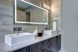 Contemporary,Master,Bathroom,Features,A,Dark,Vanity,Cabinet,Fitted,With
