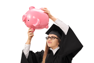 Graduate with piggy bank shutterstock_556955827