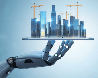 AI Robot holding buildings Shutterstock_2051310374