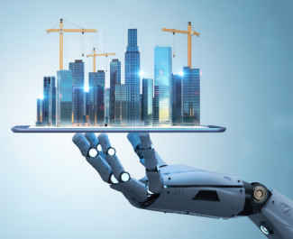 Robot holding tray of buildings Shutterstock_2328442567