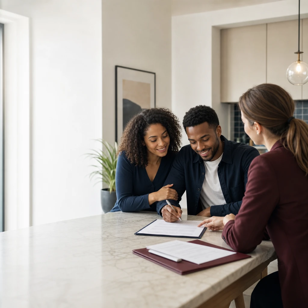 Renters and a property manager reviewing a rental application together